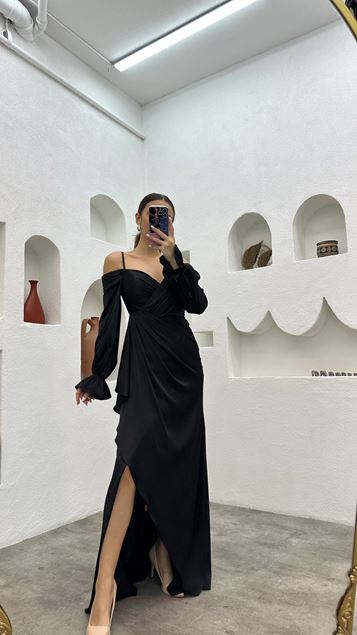 Black Rope Strap Drape Detail Pleated Satin Evening Dress