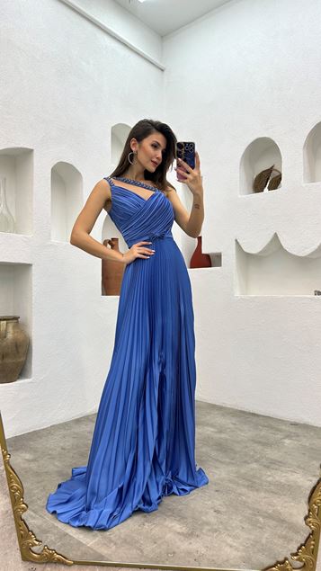 Cinturini indaco ricamato plissettata raso abito da sera