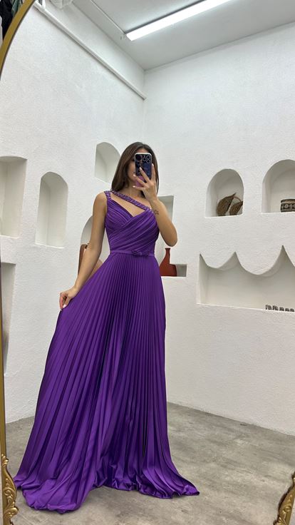 Purple Straps Embroidery Detail Pleated Satin Evening Dress