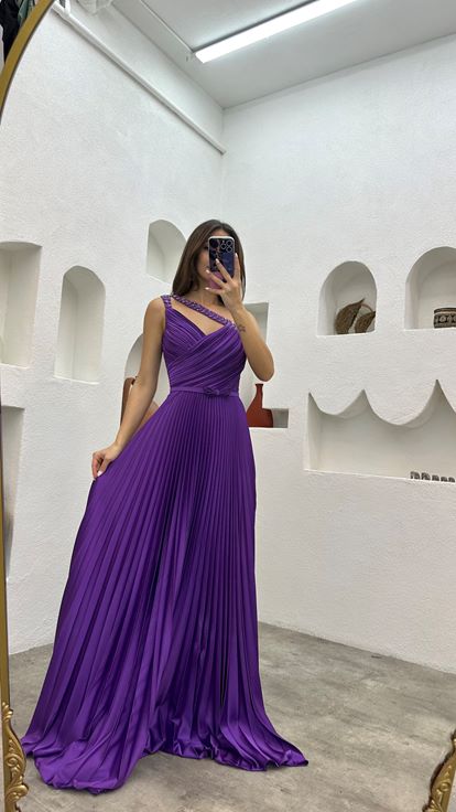 Purple Straps Embroidery Detail Pleated Satin Evening Dress