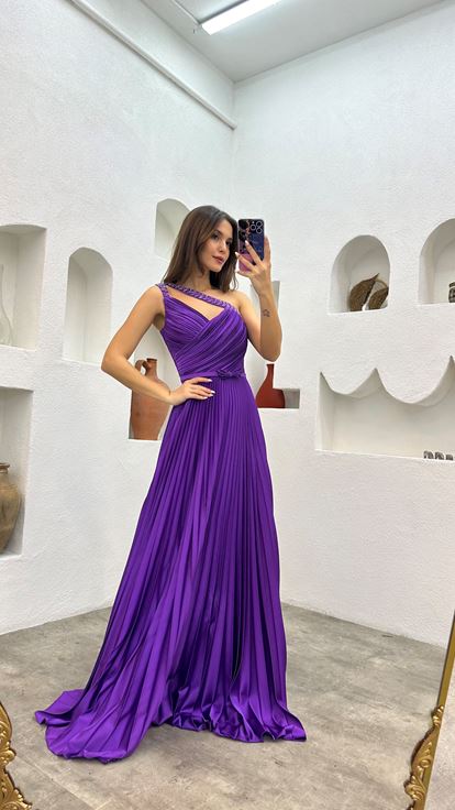 Purple Straps Embroidery Detail Pleated Satin Evening Dress