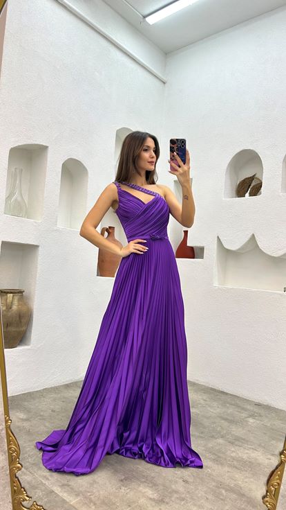 Purple Straps Embroidery Detail Pleated Satin Evening Dress