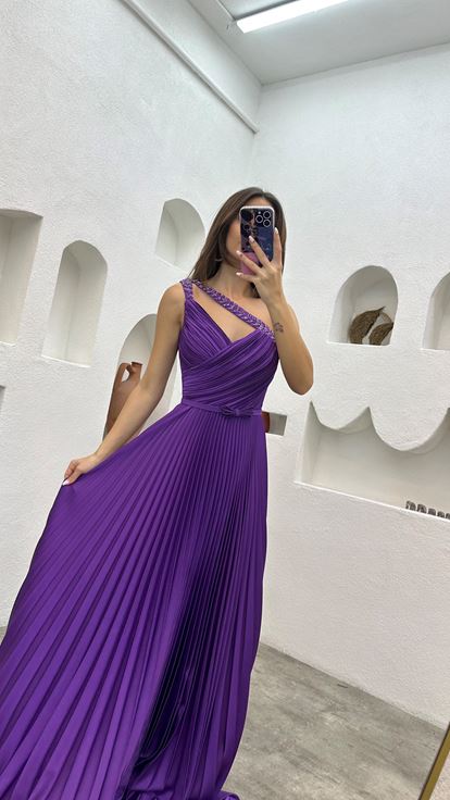 Purple Straps Embroidery Detail Pleated Satin Evening Dress