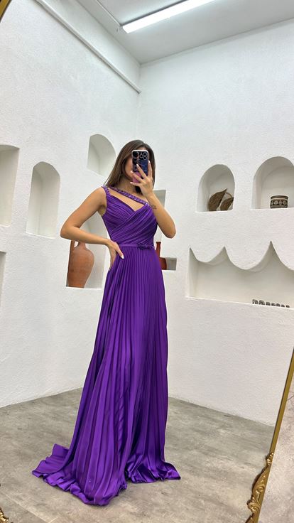 Purple Straps Embroidery Detail Pleated Satin Evening Dress