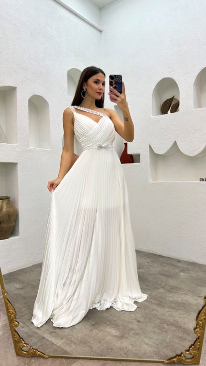 Cinturini bianchi ricamati plissettati raso abito da sera