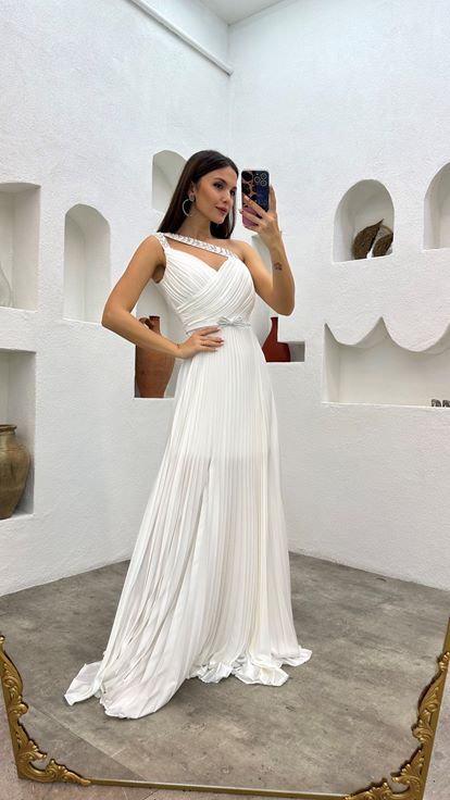 Cinturini bianchi ricamati plissettati raso abito da sera