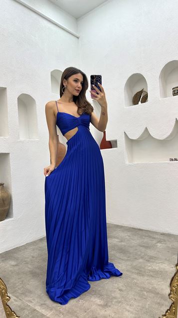 Sax Rope Strap Pleated Waist Detail Satin Evening Dress