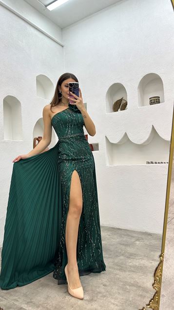 Emerald One Shoulder Volan Detailed Embroidered Evening Dress