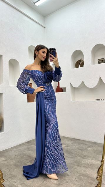 Indigo Belted Embroidered Detail Draped Evening Dress