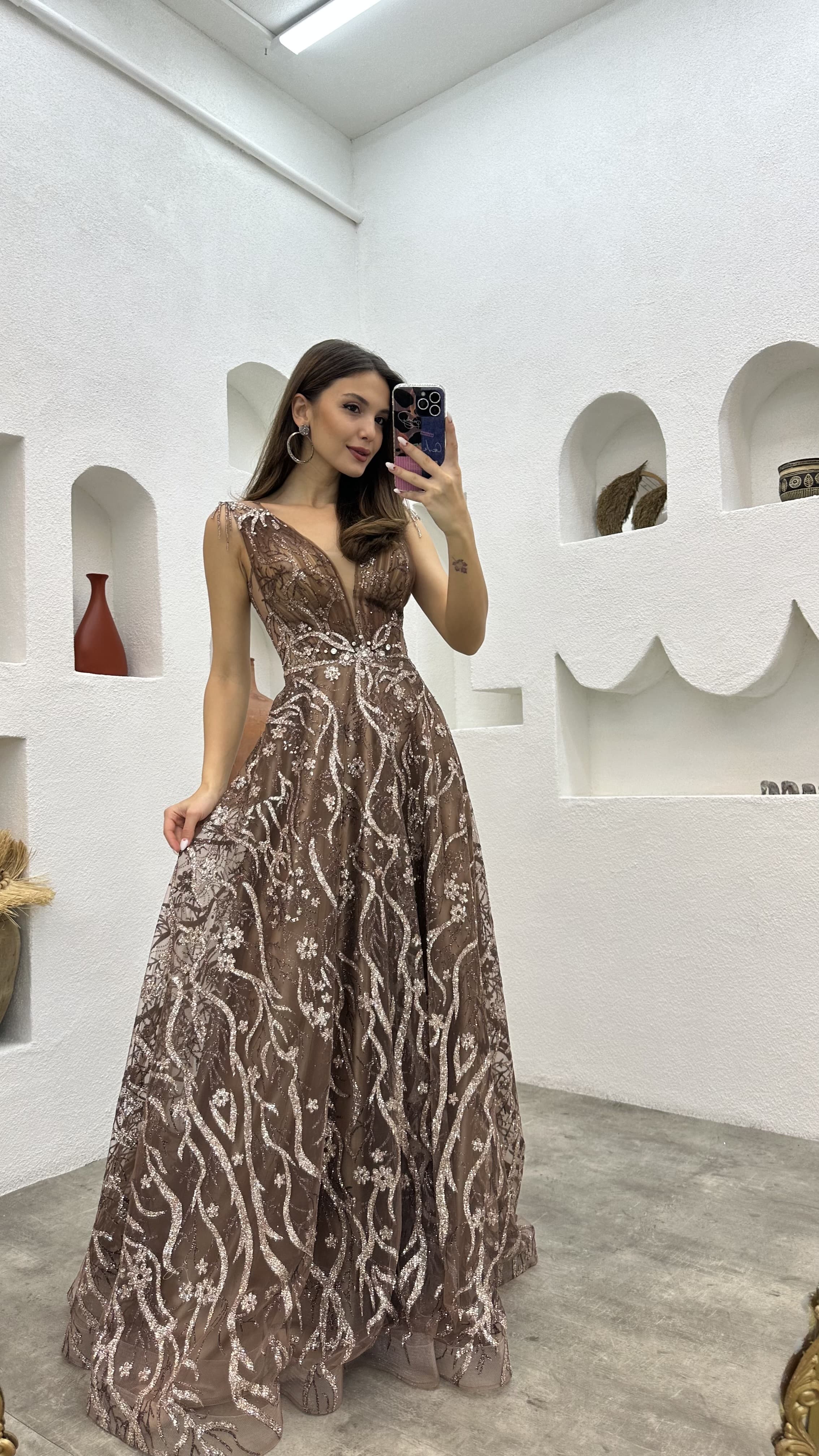 Brown Embroidered Detail Waist Motif Tulle Evening Dress
