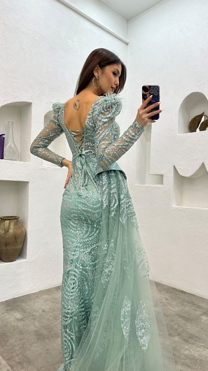Mint Green Embroidered Feather Detail Tulle Evening Dress