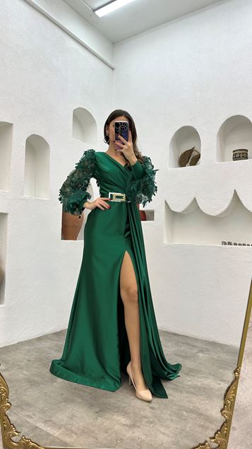 Green Sleeves Embroidered Detail Draped Belted Evening Dress