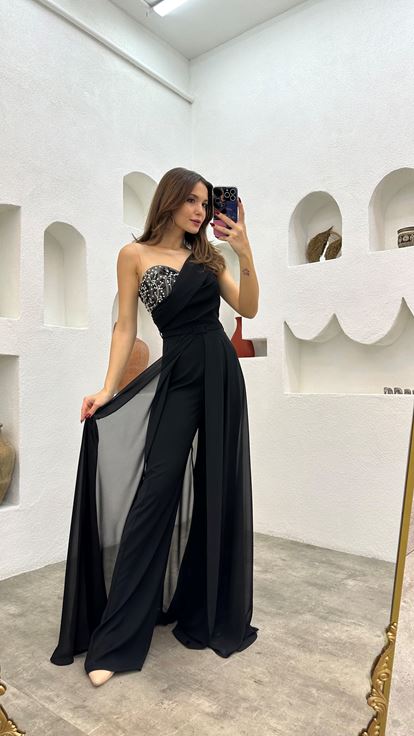 Black Transparent Detailed Embroidered Satin Jumpsuit