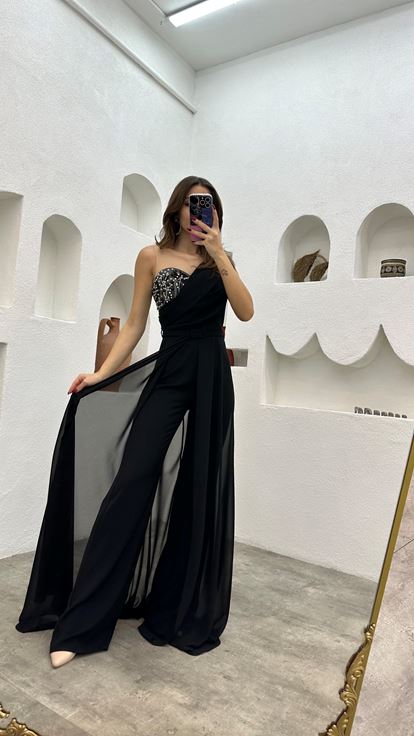 Black Transparent Detailed Embroidered Satin Jumpsuit
