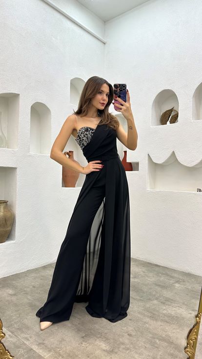 Black Transparent Detailed Embroidered Satin Jumpsuit