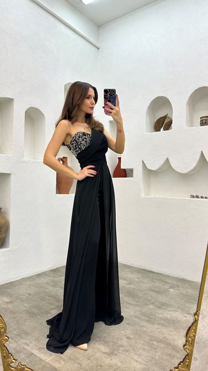 Black Transparent Detailed Embroidered Satin Jumpsuit