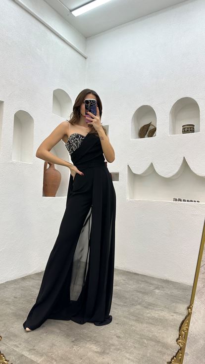 Black Transparent Detailed Embroidered Satin Jumpsuit