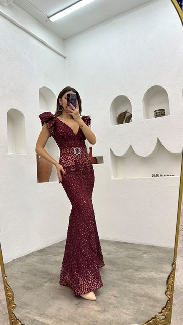 Burgundy Belted Embroidered Detail Design Evening Dress
