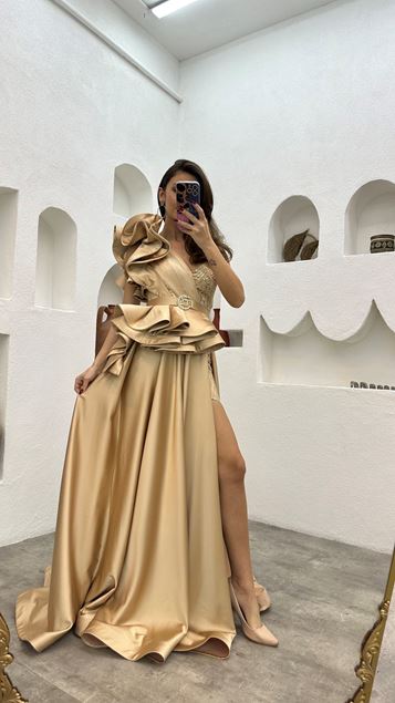 Beige One Shoulder Flounced Draped Satin Evening Dress