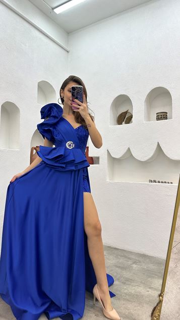 Saks One Shoulder Flounced Draped Satin Evening Dress