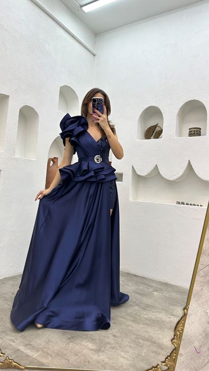 Navy Blue One Shoulder Volan Detail Draped Satin Evening Dress