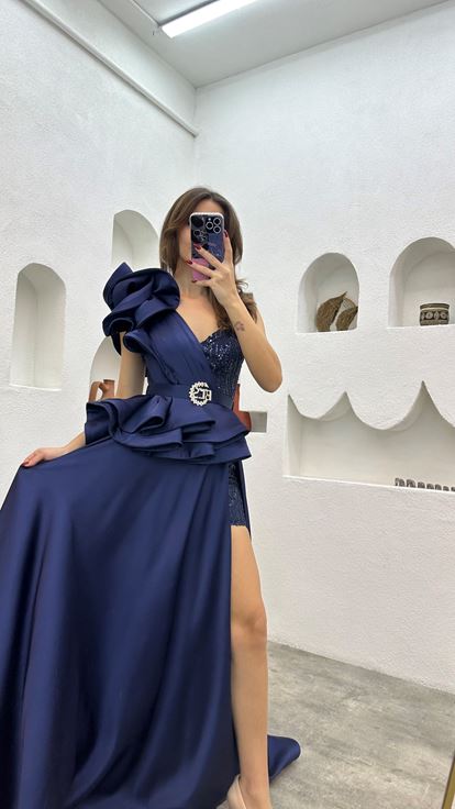 Navy Blue One Shoulder Volan Detail Draped Satin Evening Dress