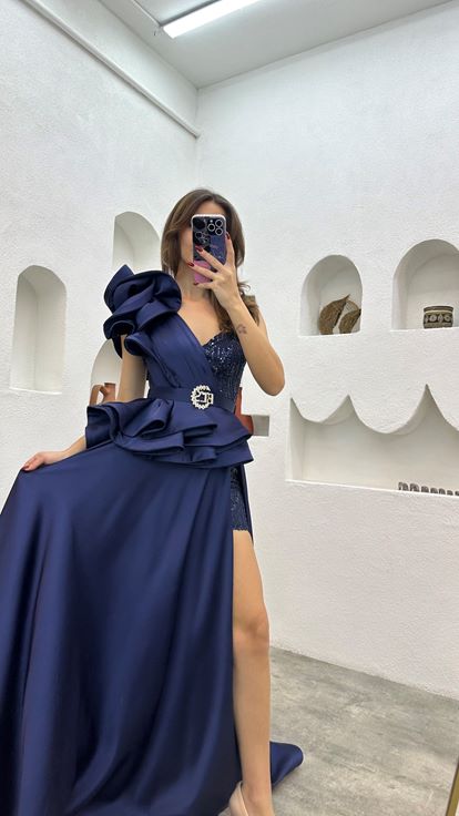 Navy Blue One Shoulder Volan Detail Draped Satin Evening Dress