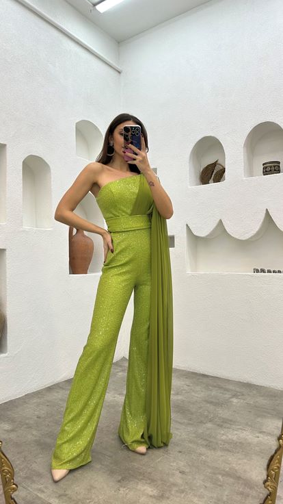 Yellow One Shoulder Embroidery Detail Sequin Jumpsuit