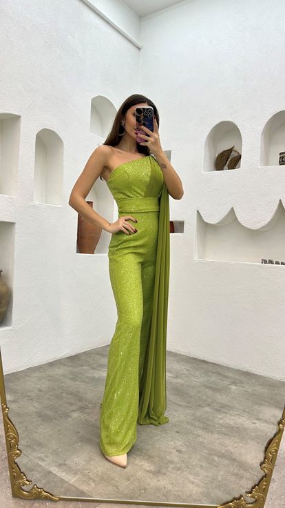 Yellow One Shoulder Embroidery Detail Sequin Jumpsuit
