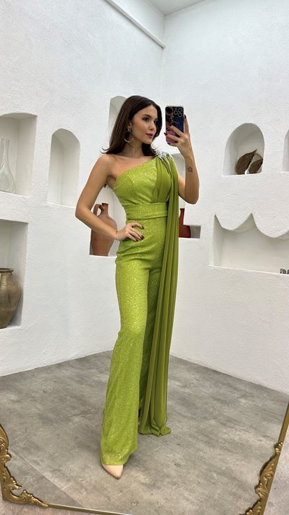 Yellow One Shoulder Embroidery Detail Sequin Jumpsuit
