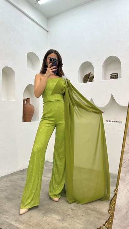 Yellow One Shoulder Embroidery Detail Sequin Jumpsuit