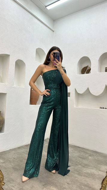Emerald One Shoulder Brodé Sequin Sequin Jumpsuit