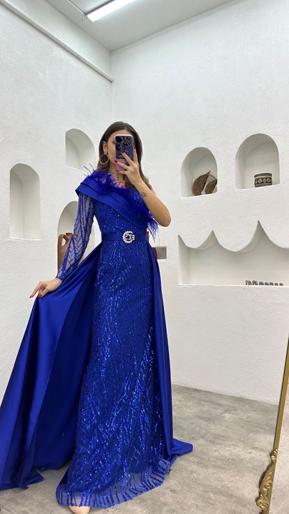 Saks Tüy Detay Drapeli Pul Payet Abiye Elbise