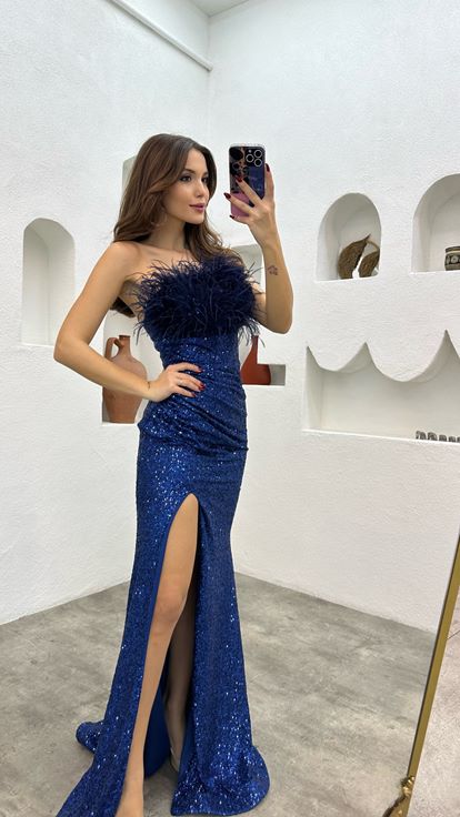 Navy Blue Feather Detail Strapless Sequin Sequin Evening Dress