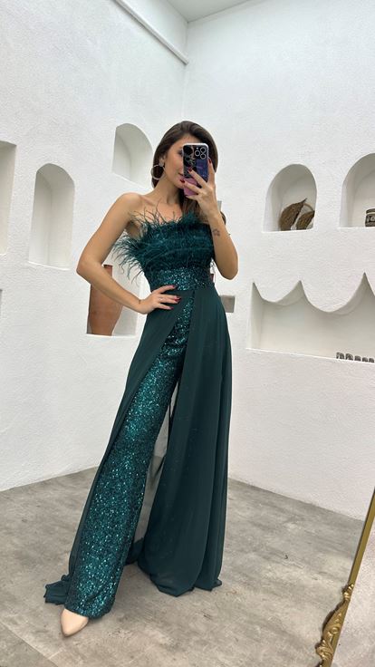Emerald Waist Embroidered Detail Feathered Strapless Evening Dress