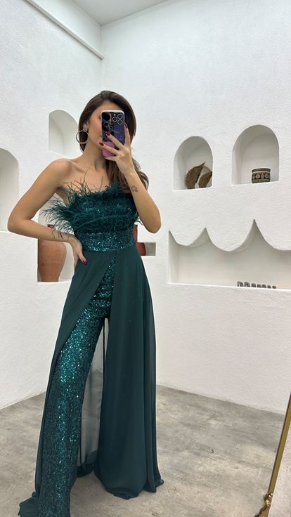 Emerald Waist Embroidered Detail Feathered Strapless Evening Dress