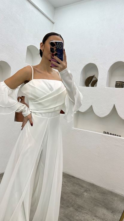Beyaz İp Askılı Drapeli Saten Tulum