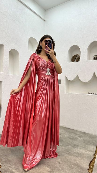 Fuchsia Brooch Detail Sleeves Cape Evening Dress