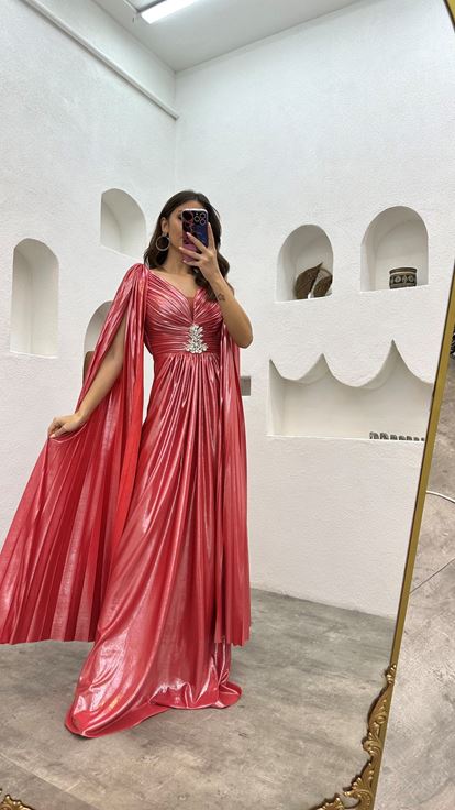 Fuchsia Brooch Detail Sleeves Cape Evening Dress