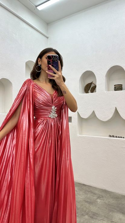 Fuchsia Brooch Detail Sleeves Cape Evening Dress