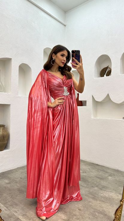 Fuchsia Brooch Detail Sleeves Cape Evening Dress