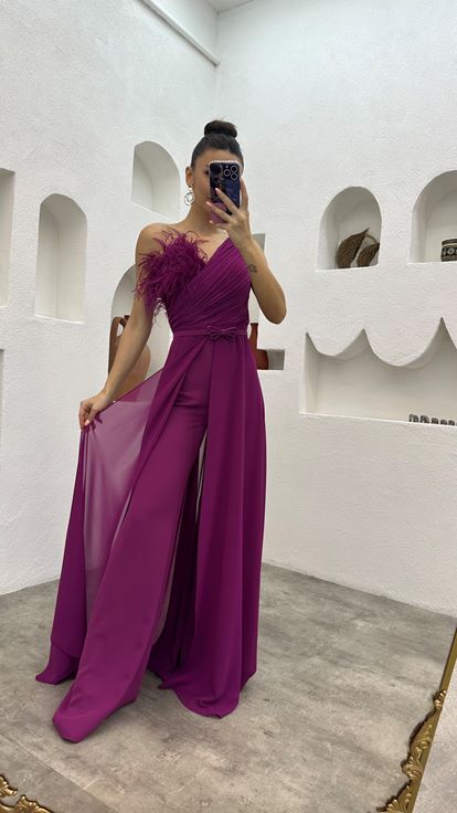 Plum Chest Feather Detail Draped Chiffon Jumpsuit