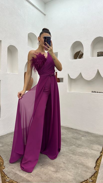 Plum Chest Feather Detail Draped Chiffon Jumpsuit