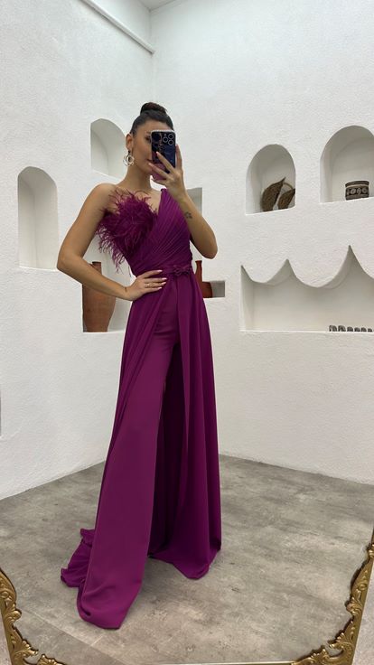 Plum Chest Feather Detail Draped Chiffon Jumpsuit