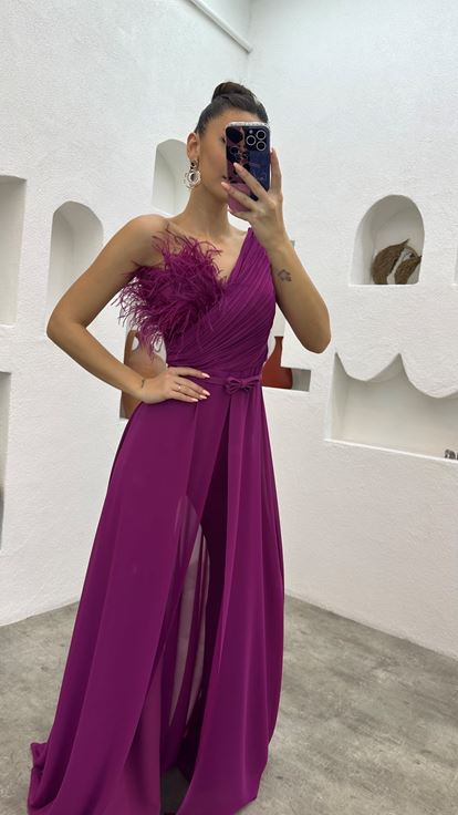 Plum Chest Feather Detail Draped Chiffon Jumpsuit