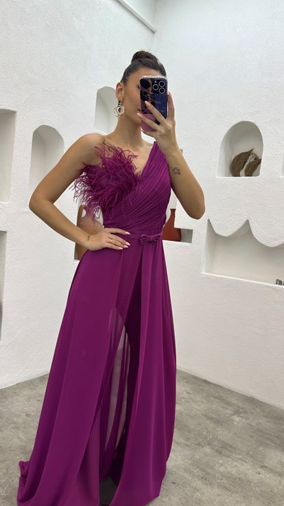 Plum Chest Feather Detail Draped Chiffon Jumpsuit