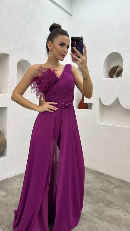 Plum Chest Feather Detail Draped Chiffon Jumpsuit