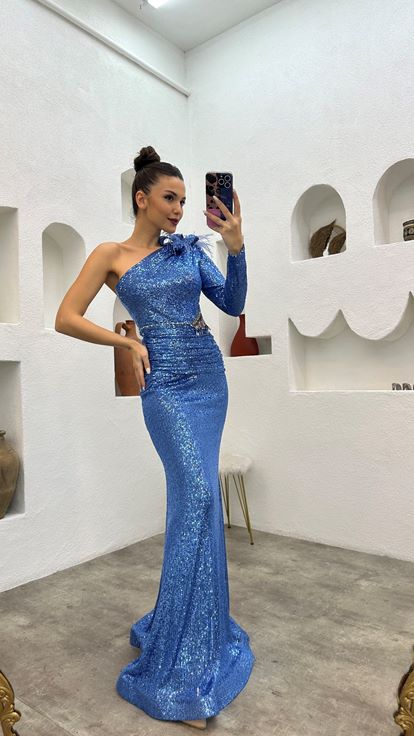 Indaco manica singola vita nappa paillettes abito da sera