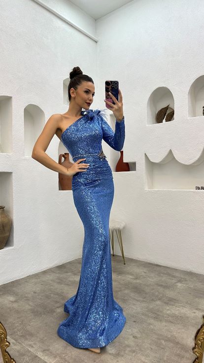 Indaco manica singola vita nappa paillettes abito da sera