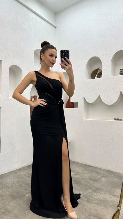 Nero Una spalla ricamato in vita motivo abito da sera